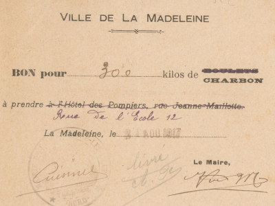 Un bon d'approvisionnement en charbon datant de 1917 © Archives municipales de La Madeleine, fonds Christian Janssens